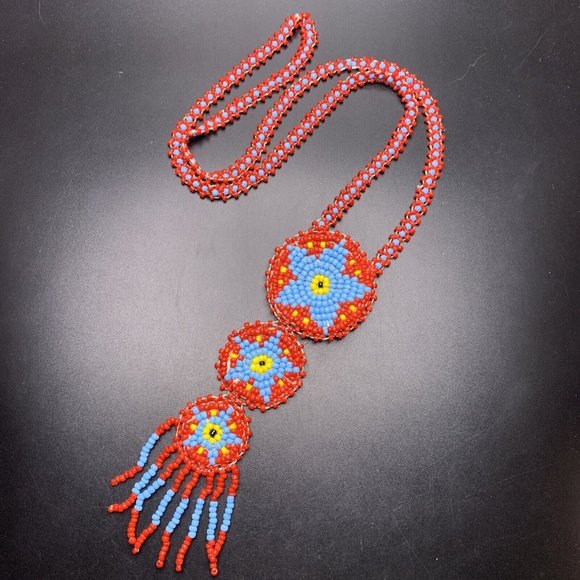 Seed Bead Medallion Star Fringe Pendant Necklace Red Blue Beadwork Vintage - Picture 2 of 6